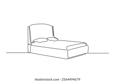 Double bed with the pillows in continuous one line drawing design. Minimalist single line draw of bedroom furniture.