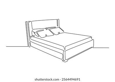 Double bed with the pillows in continuous one line drawing design. Minimalist single line draw of bedroom furniture.