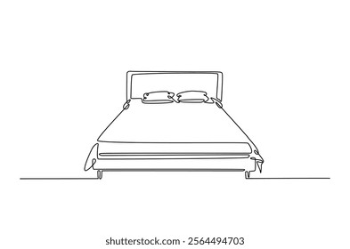 Double bed with the pillows in continuous one line drawing design. Minimalist single line draw of bedroom furniture.