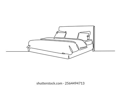 Double bed with the pillows in continuous one line drawing design. Minimalist single line draw of bedroom furniture.