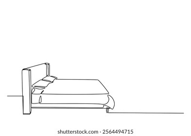 Double bed with the pillows in continuous one line drawing design. Minimalist single line draw of bedroom furniture.