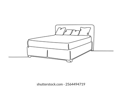 Double bed with the pillows in continuous one line drawing design. Minimalist single line draw of bedroom furniture.