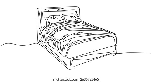 Double bed with the pillows in continuous one line drawing design. Minimalist single line draw of bedroom furniture, Bed in continuous line art drawing style. Double-size bed with bedding.