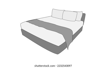 double bed with pillows, mattress, vector line illustration
