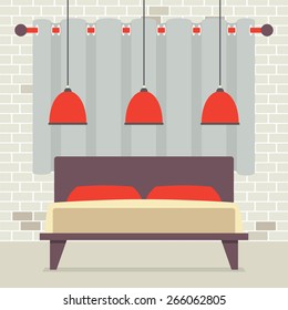Double Bed With Red Ceiling Lamps In Front Of Brick Wall