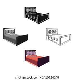 Double bed with red sheets.Bed with brown wooden headboard.Bed single icon in cartoon,black style vector symbol stock illustration.