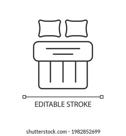 Double bed set linear icon. Hotel room for night rest. King size linen bedding. Textile products. Thin line customizable illustration. Contour symbol. Vector isolated outline drawing. Editable stroke