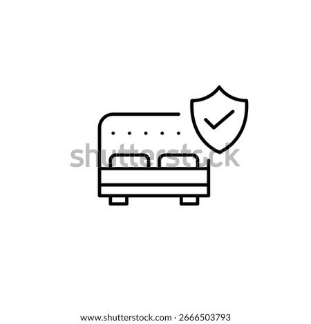 Double bed, shield and checkmark. Verified sleep safety, trusted bedding protection, secure rest environment, approved mattress quality. Pixel perfect, editable stroke vector icon
