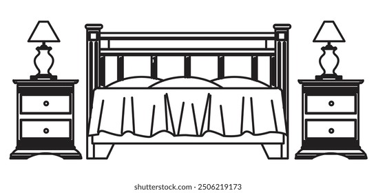 Double bed with side table for bedroom icon. Vector illustration.
