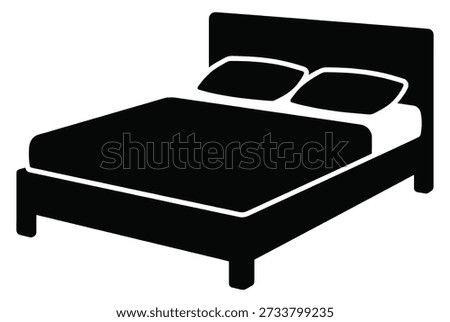 Double bed silhouette with pillows and blanket. Furniture icon for bedroom interior. Rest, sleep, and comfort symbol