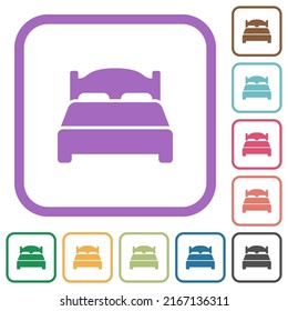 Double bed simple icons in color rounded square frames on white background