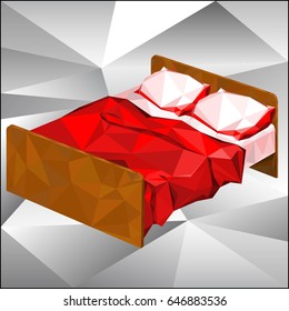 Double bed in the style of low poly design. Decorative bed brown in color, with two pillows and blanket red geometric shapes - triangles. Low poly furniture for sleep and rest. vector.