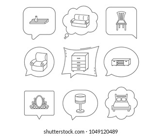 Double bed, table lamp and armchair icons. Chair, lamp and vintage mirror linear signs. Wall shelf, sofa and chest of drawers furniture icons. Linear Speech bubbles with icons set. Comic chat balloon