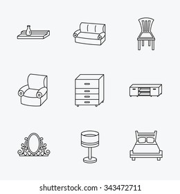Double bed, table lamp and armchair icons. Chair, lamp and vintage mirror linear signs. Wall shelf, sofa and chest of drawers furniture icons. Linear black icons on white background.