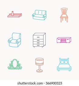 Double bed, table lamp and armchair icons. Chair, lamp and vintage mirror linear signs. Wall shelf, sofa and chest of drawers furniture icons. Linear colored icons.