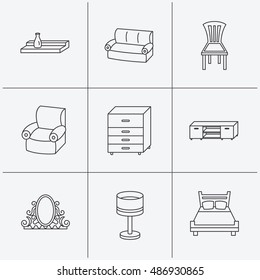Double bed, table lamp and armchair icons.