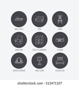 Double bed, table lamp and armchair icons. Chair, lamp and vintage mirror linear signs. Wall shelf, sofa and chest of drawers furniture icons. Linear icons in circle buttons. Flat web symbols. Vector