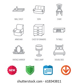 Double bed, table lamp and armchair icons. Chair, lamp and vintage mirror linear signs. Wall shelf, sofa and chest of drawers furniture icons. New tag, shield and calendar web icons. Download arrow