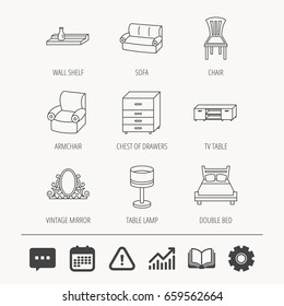 Double bed, table lamp and armchair icons. Chair, lamp and vintage mirror linear signs. Wall shelf, sofa and chest of drawers furniture icons. Education book, Graph chart and Chat signs. Vector