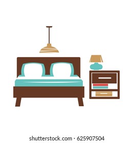 Double bed, table with lamp, chandelier on ceiling in bedroom