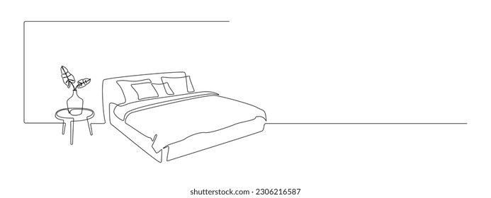 Double bed and table with vase and plant in continuous one line drawing. Scandinavian stylish furniture for cozy loft bedroom in simple linear style. Editable stroke. Doodle vector illustration