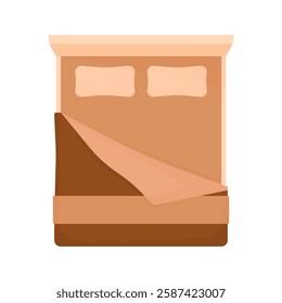 Double bed top view in cartoon style on a white isolated background. Bed without people in shades of brown