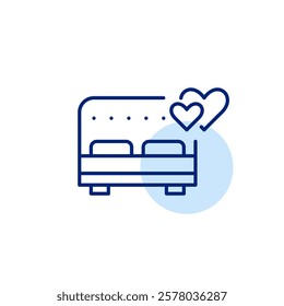 Double bed and two hearts. Honeymoon suite, luxurious hotel room. Holiday vacation, romantic getaway. Pixel perfect, editable stroke icon