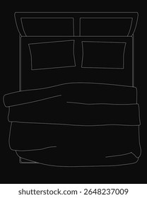 A double bed with two pillows is illustrated in a clean black and white line drawing, set against a dark background for contrast. The minimalist design highlights the bed's simple yet elegant.