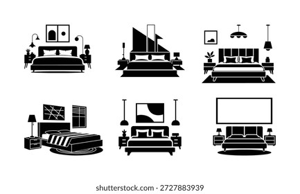 Ilustração vetorial de cama de casal com silhuetas de cama modernas e design minimalista do interior do quarto