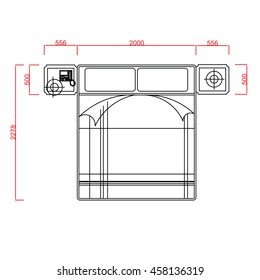 Double bed vector line work with dimension on white background