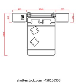 Double bed vector line work with dimension on white background