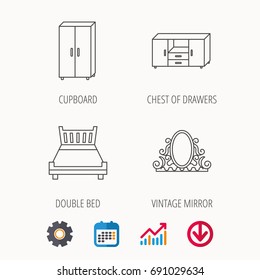 Double bed, vintage mirror and cupboard icons. Chest of drawers linear sign. Calendar, Graph chart and Cogwheel signs. Download colored web icon. Vector