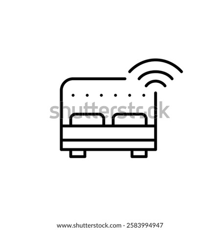 Double bed and wi-fi symbol. Smart room sleep, connectivity hotel for work and relaxation. Streaming and comfort. Pixel perfect vector icon