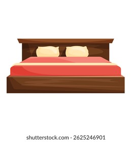 Double bed with wooden frame, cozy bedroom furniture with red blankets and two pillows