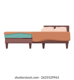 Double bed with wooden frame, pillows and blanket covering half of the mattress, isolated on white background