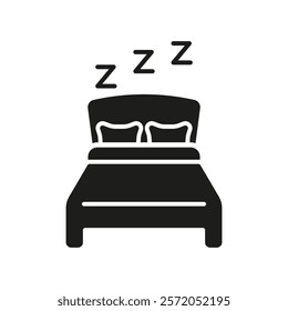 Double Bed With ZZZ Silhouette Icon. Cozy Bed With Pillows And Blanket Glyph Symbol. Restful Sleeping Place. Isolated Vector Illustration.