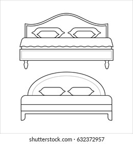 Double beds with mattress and pillow in thin line style. Vector linear flat element of house furniture for bedroom. Black outline linear illustration isolated on white background.