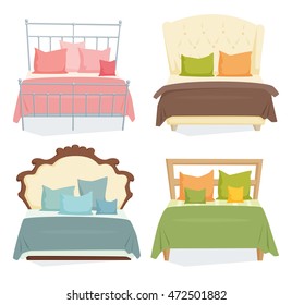 Double beds and pillows set with blanket in modern style cartoon vector illustration. Bedroom furniture. Duvet. Isolated on white