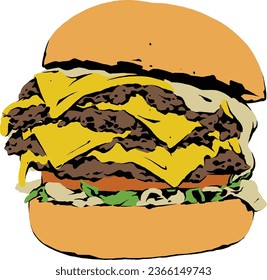Double Beef Cheese Burger Cartoon Pop Art Illustration Vector