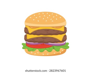 Double Beef Cheeseburger Illustration with Lettuce Tomato and Onion Isolated