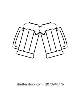 Double beer. Two beer mug together. Toast and cheers. Editable isolated linear vector illustration, icon and clipart on white background.