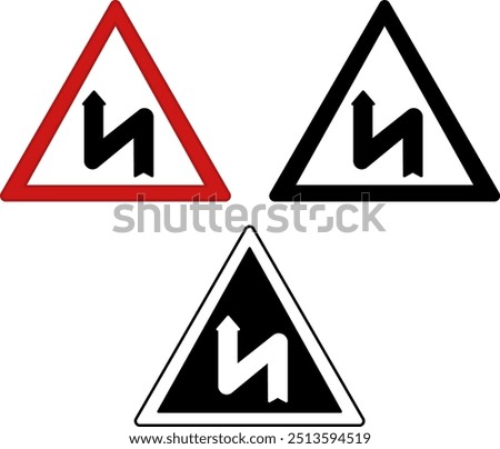 Double Bend Signs. Red Road Signs. Black and White Vector Icons