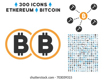Double Bitcoin icon with 300 blockchain, cryptocurrency, ethereum, smart contract pictures. Vector illustration style is flat iconic symbols.