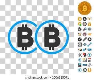 Double Bitcoin pictograph with bonus bitcoin mining and blockchain design elements. Vector illustration style is flat iconic symbols. Designed for crypto currency software.