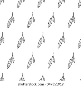 Double black line feathers, white background, hand drawn vector seamless pattern