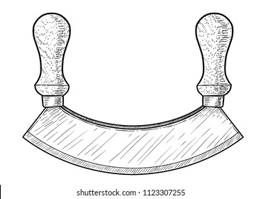 Double bladed mezzaluna, herb chopper illustration, drawing, engraving, ink, line art, vector