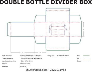 Double bottle divider box layout technical drawing vector illustration for packaging and design templates with dimensions for production