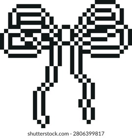 Double bow pixel art icon. Vintage pixelated black outline laces or rope knot coquette style. Retro 8 bit video game vector design element. Bitmap holiday decoration. Girly decorative ornament