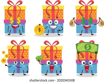 Double box gift cartoon character with cute emoticon bring money. Vector illustration