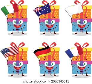 El personaje de la caricatura de doble caja de regalo trae banderas de varios países. Ilustración del vector